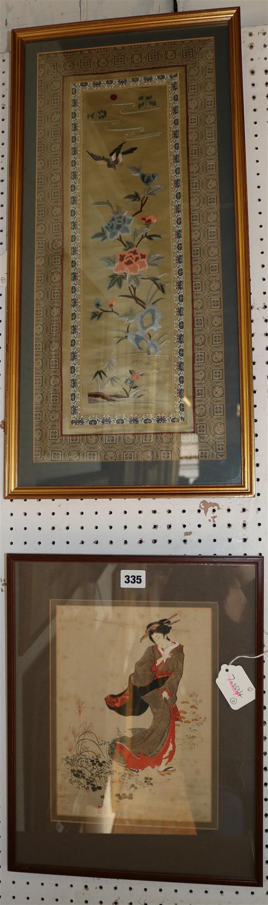 Chinese embroidered silk panel with brocade border & a Japanese woodblock print of a geisha